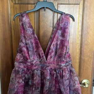 Lulu’s magenta floral print organza maxi dress